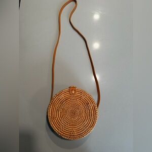Round Woven Tan Crossbody Bag